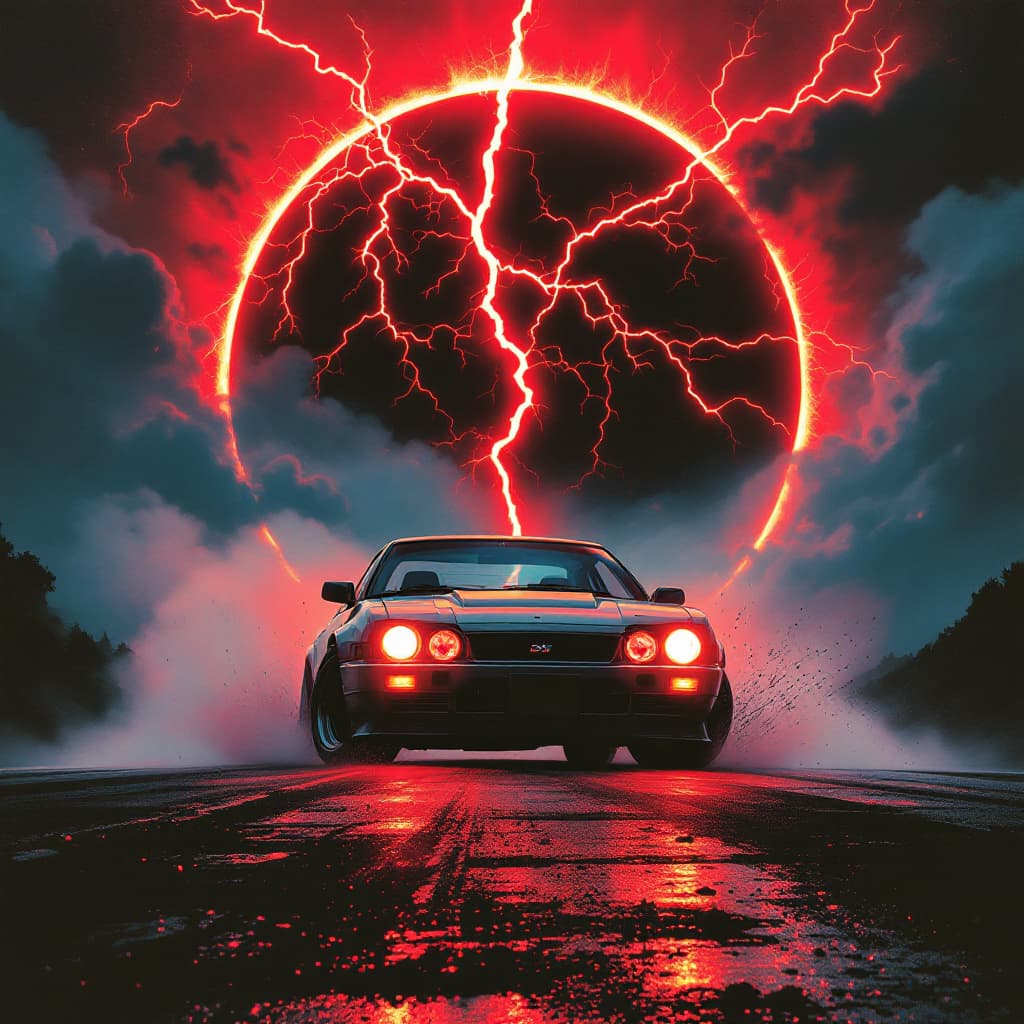 AI generated: void pursuit
old JDM car
looking at camera
red lightning eyes
90's poster
eclipse