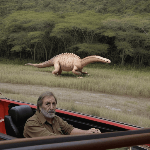 AI generated: desde arriba de una selva en la que un dinosaurio grande esté siendo perseguido por diez carpinchos,...