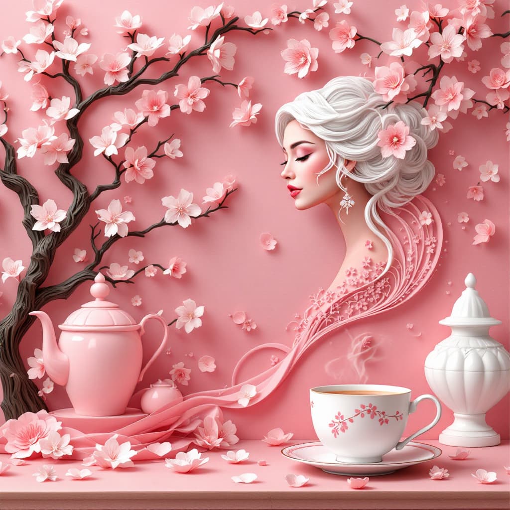AI generated: a pink cup of tea on the table, next to it is an elegant woman with white hair and exquisite facial ...