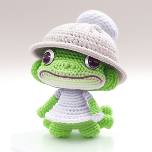 AI generated: handmade diy caractor colecttion Nendoroid style (Amigurumi chibi green and rainbow frog, dynamic co...