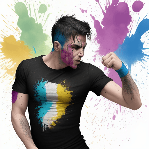 AI generated: tshirt design, colourful, no background, a man punching by another with bruise on his face, dancing ...