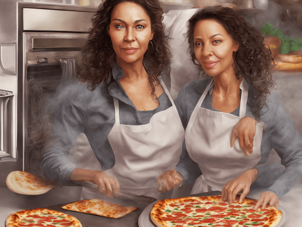 AI generated: Realistic portrait of a 44 year old woman with dark hair and light skin making pizza at home in the ...