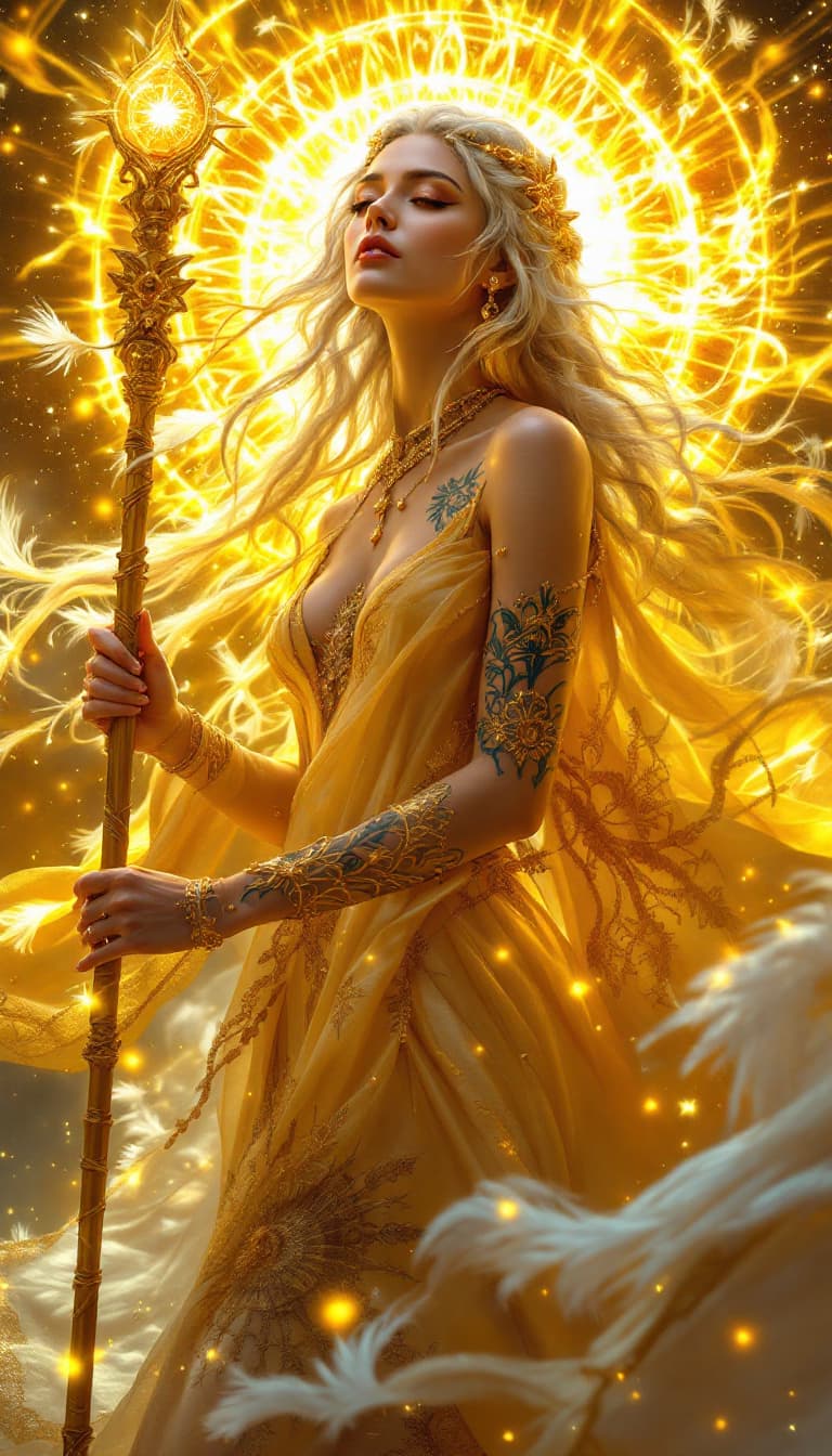 AI generated: An ultra-realistic, full-body action shot of a mesmerizing golden sun priestess woman, exuding radia...
