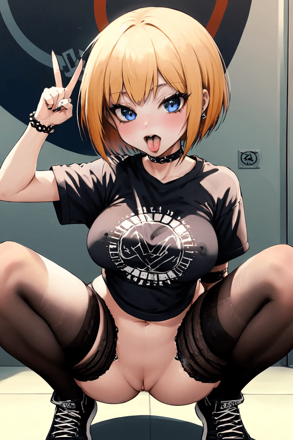 AI generated: delinquent street punk in emo style clothes holding up the middle finger, looking at viewer, 1girl, ...