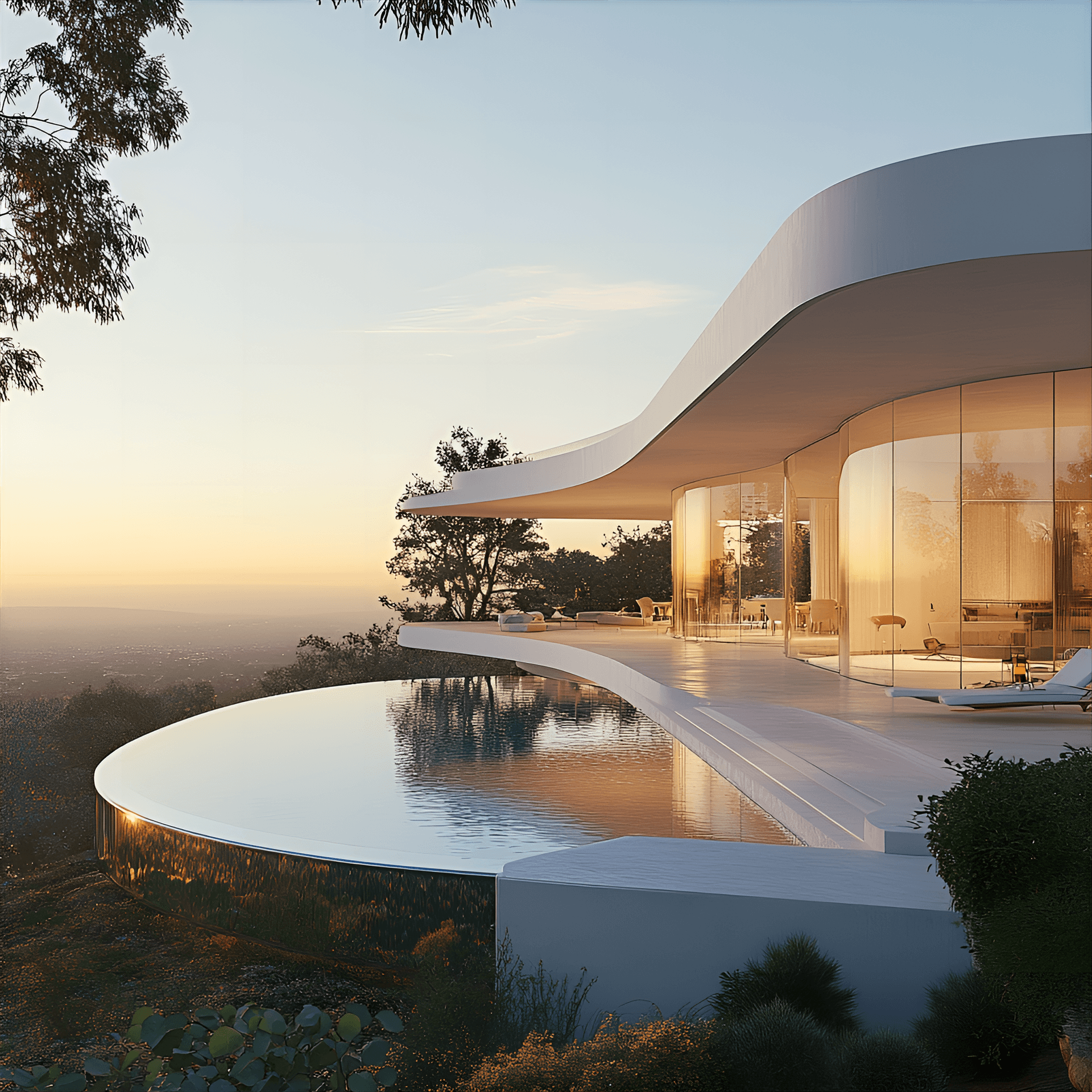 AI generated: mid-century modern mansion inspired by the elegance of a ballet dancer, with fluid lines, glass
fac...
