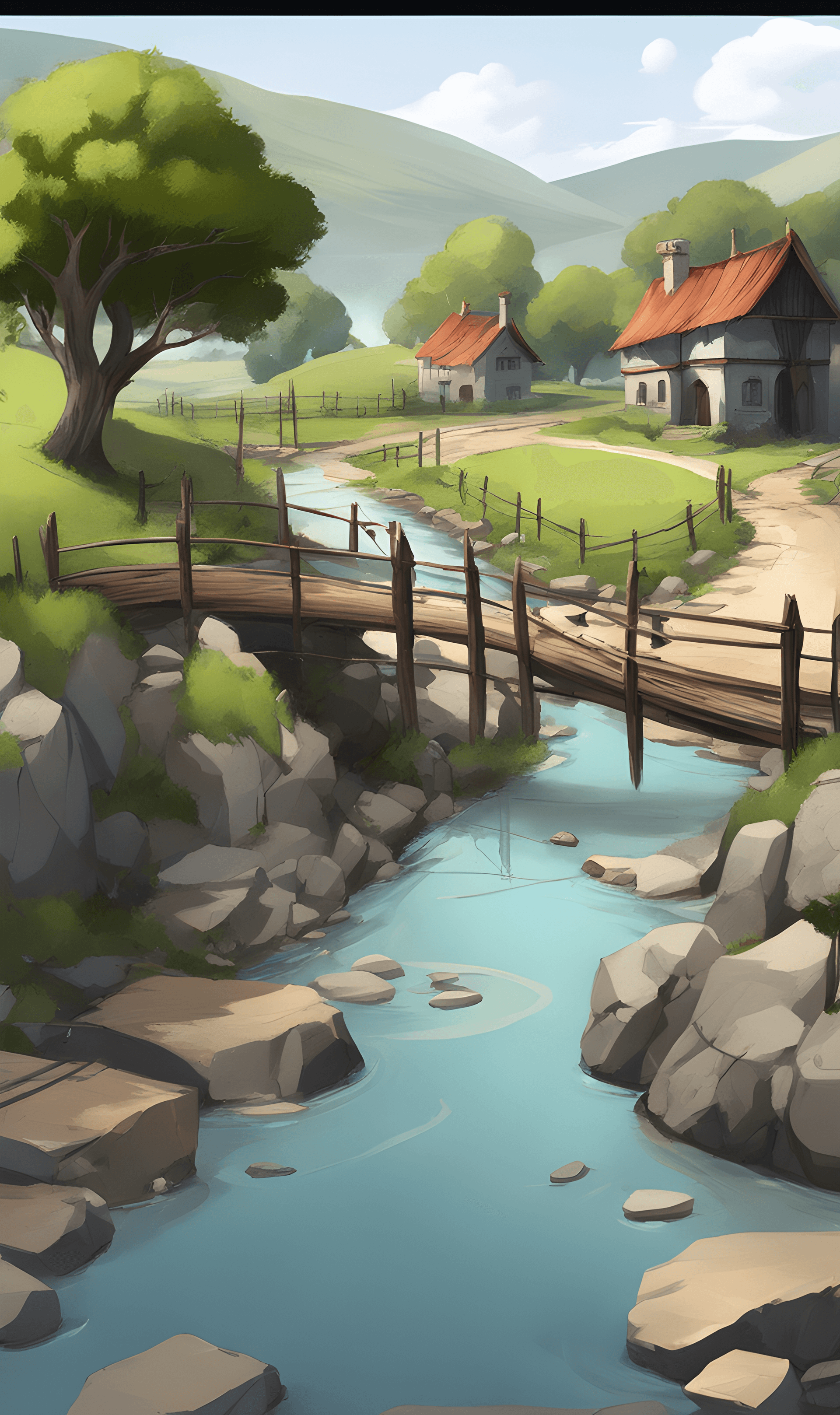 AI generated: Concept art, no humans, village, rocks, water puddles, country side, road