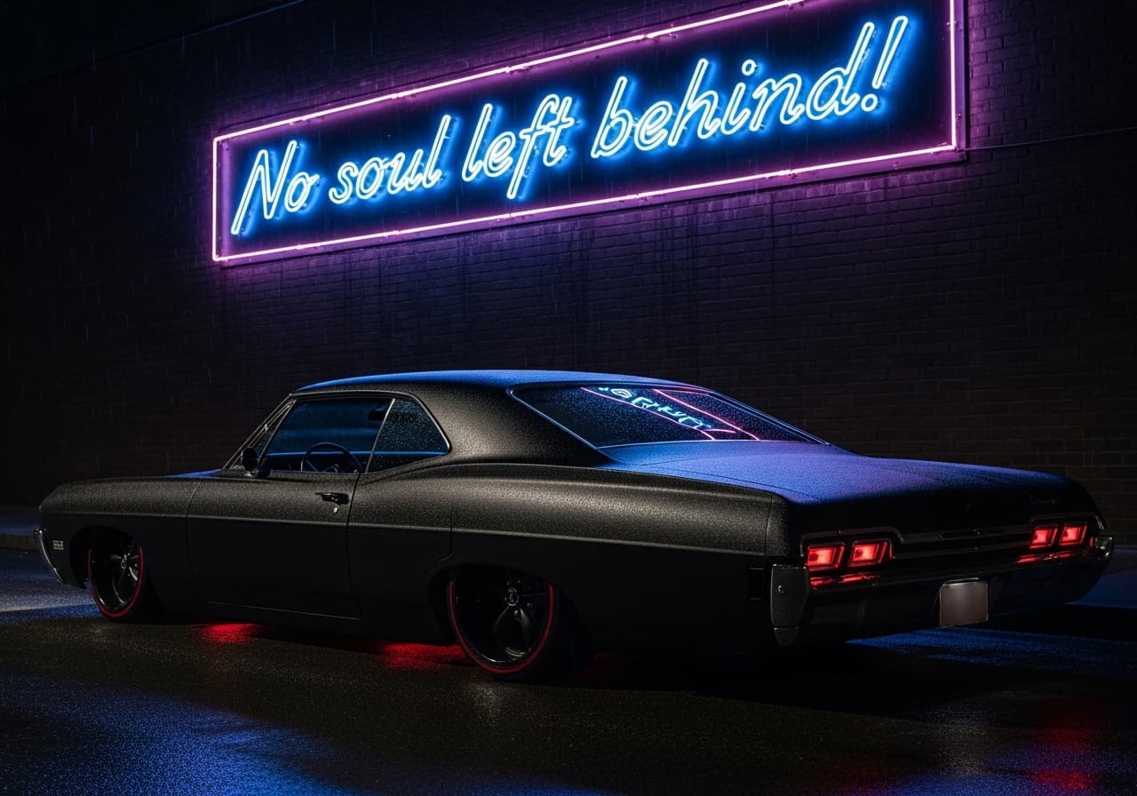 AI generated: 1968 murdered out chevy impala, lowered to the ground on air bags, neon sign in the background says ...