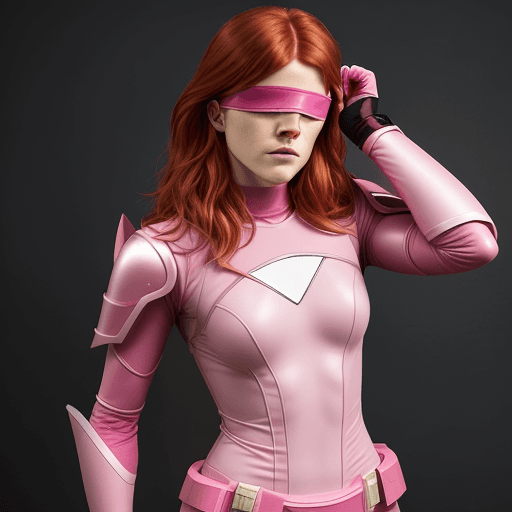 AI generated: Rose Leslie wearing a blindfold, dressed as the Pink Power Ranger.