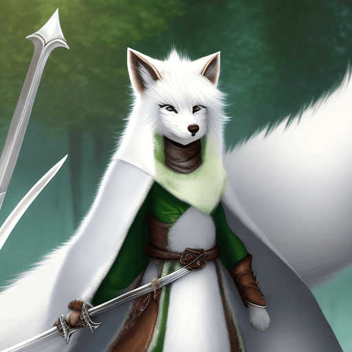 AI generated: furry art, furry, white fur, anthro, white fox, solo, standing, magic forest background, long white ...