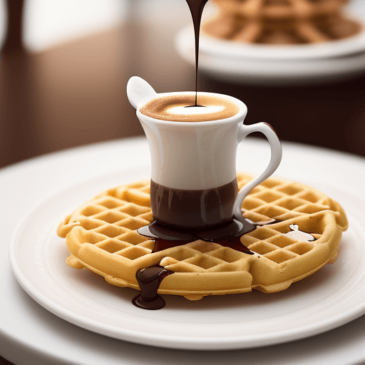 AI generated: yellow Viennese waffles are poured with liquid chocolate on a plate, there is a cup of cappuccino on...
