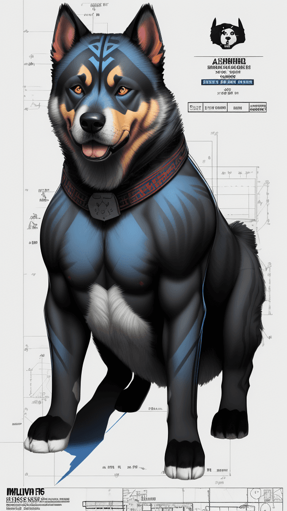 AI generated: Alpha Dog Norwegian Buhund, by Ultimate Marvel Art, digital blueprints sketch with multicolored note...