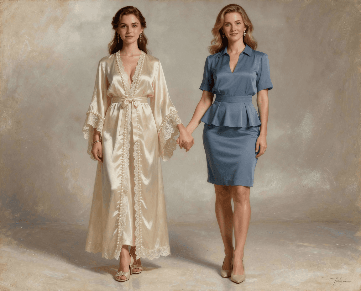 AI generated: 2 graceful young women with a softly hourglass figure stands at ease, her posture serene.
Left girl ...