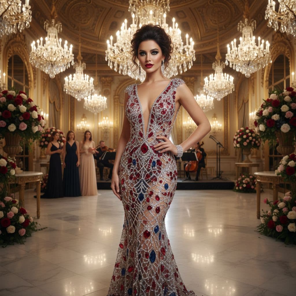AI generated: In the heart of a grand ballroom, a woman stands confidently, her outfit shimmering under the soft g...