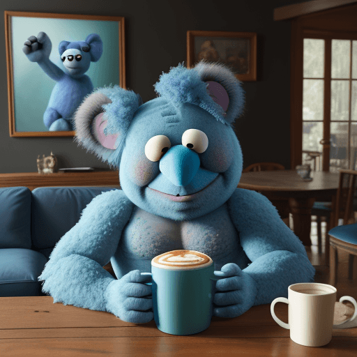 AI generated: blue koala as a muppet with hulk costume, spongy texture, having a coffee on a wooden table, classic...