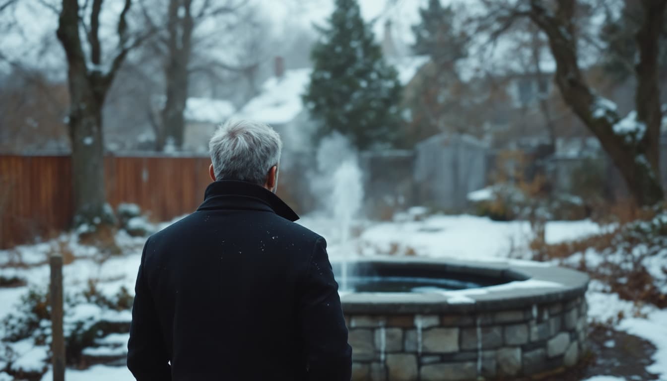 AI generated:  high definition camera shot from behind  - a man wearing black coat and viewing a well from aa dist...