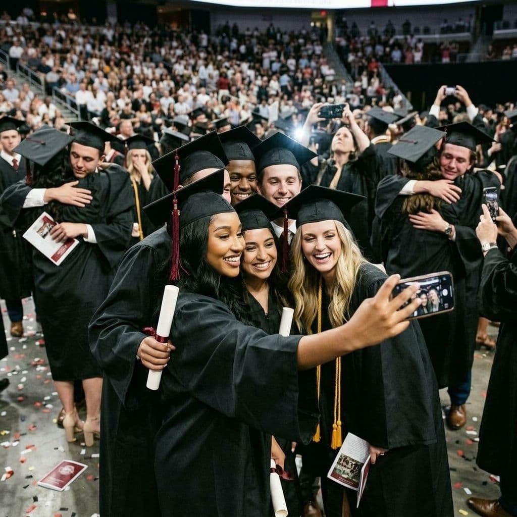 AI generated: Candid, hyper-realistic, taking pictures and saying goodbye to classmates after college graduation c...
