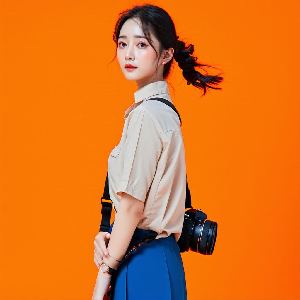 AI generated: photography, bluehue, korean woman model, solid orange backdrop, using a camera setup that mimics a ...