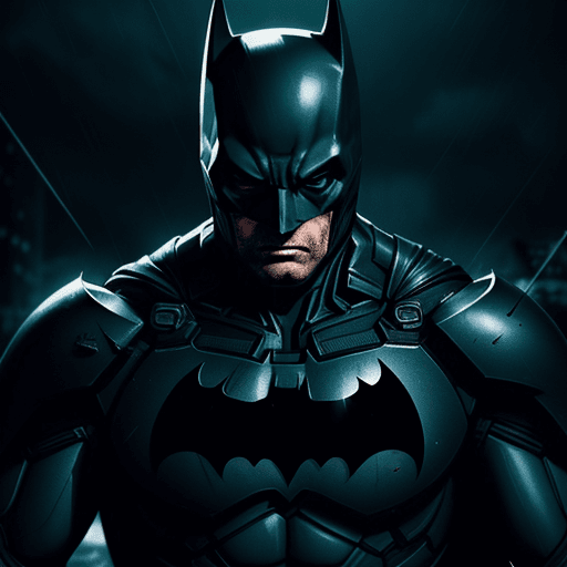 AI generated: batman wearing gundam armor| battle damaged armor| its a dark rainy night| epic fight scene| wounded...