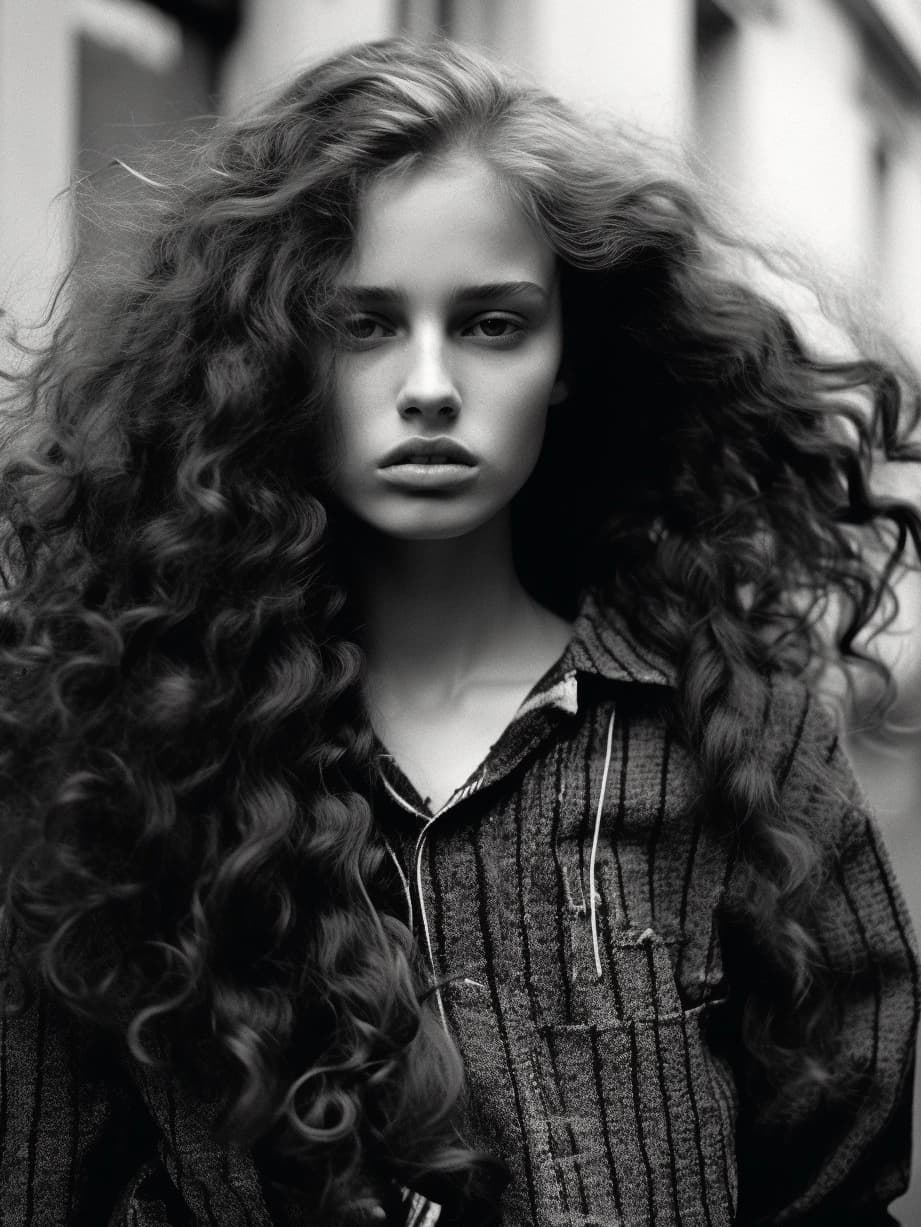 AI generated: a black and white photo of a woman , i-d magazine, hair floating covering chest, she is about 1 6 ye...