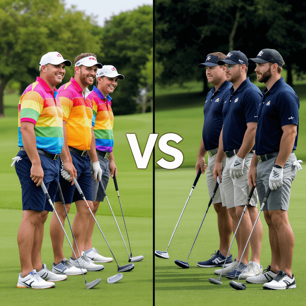 AI generated: A four versus four golf matchup is about to unfold. The four golfers of Team Gay vertically line up ...