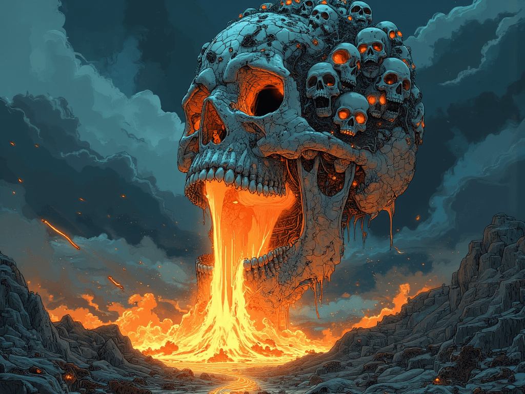 AI generated: A towering, colossal skull floats centered in the stormy night sky, staring directly into the viewer...