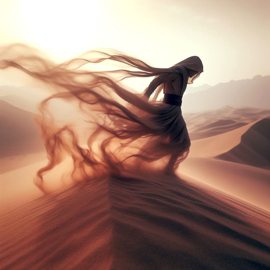 AI generated: A dark figure in the desert sand, he is turning into sand leaving a trail of dust behind.
Cinematic...