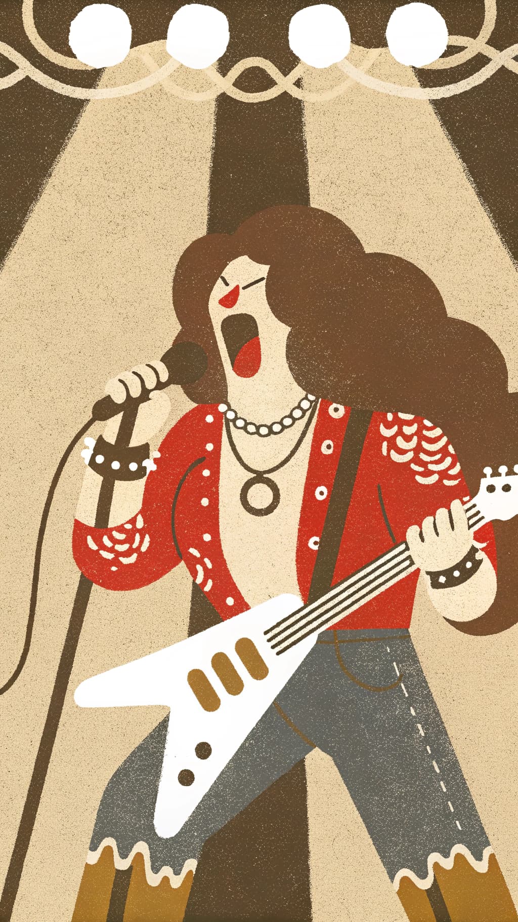 AI generated: a high-energy live concert scene featuring a fierce female guitarist mid-performance. She wears a bo...