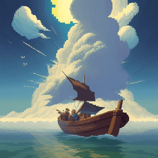 AI generated: 
16 bit pixel art, epic composition of a explorer in a boat reaching an island in the clouds, by stu...