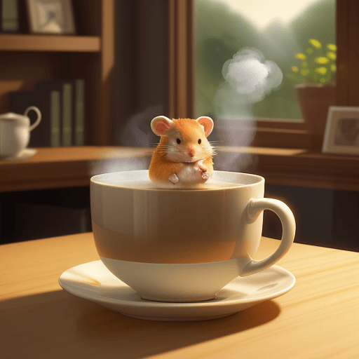 AI generated: ginger hamster sitting in a large cup of steaming tea, drinking a cup of tea.
Warm lighting, calm mo...