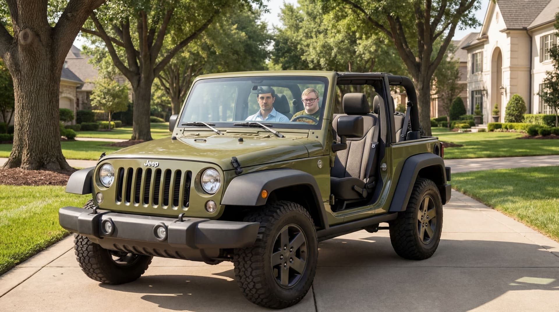 AI generated: Get rid of the driver, the seat is empty. The background is a nice driveway in a nice neighborhood w...