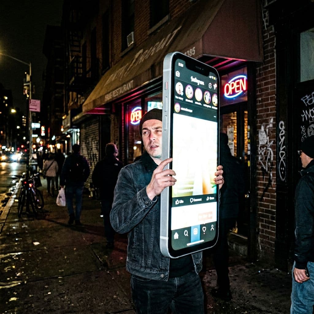 AI generated: urban restaurant exterior at night, harsh direct flash photography, gritty candid street scene

a pe...