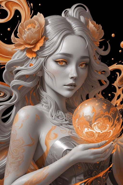 AI generated: [Jupiter, splash art, a close up liquid luminous moon lady made of colors, silver, red, orange, ligh...