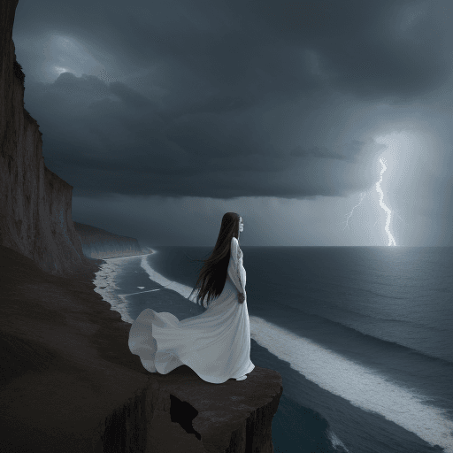 AI generated: A girl with long hair, in a long white dress, stands over a cliff, sea, storm, evening, dark clouds