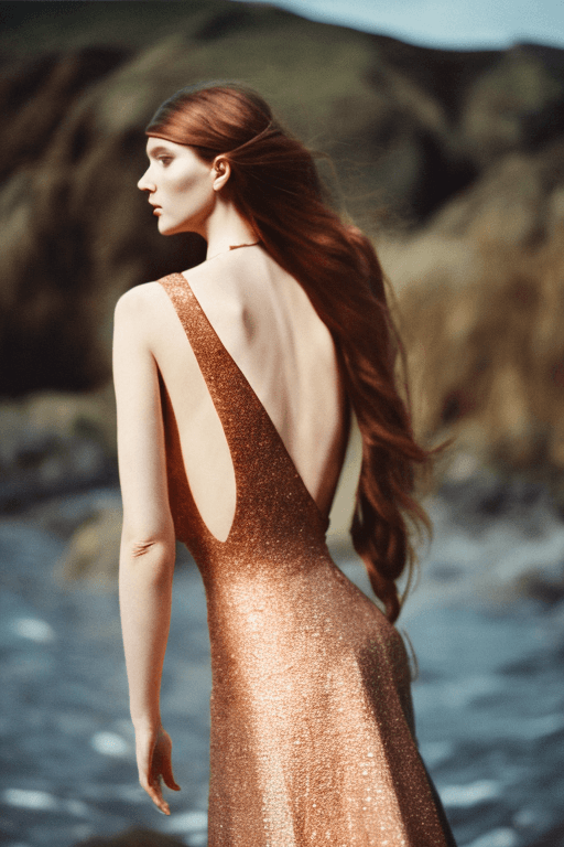 AI generated: looking over the shoulder of the copper long hair woman in a an elegant luxury dress designed by Dio...
