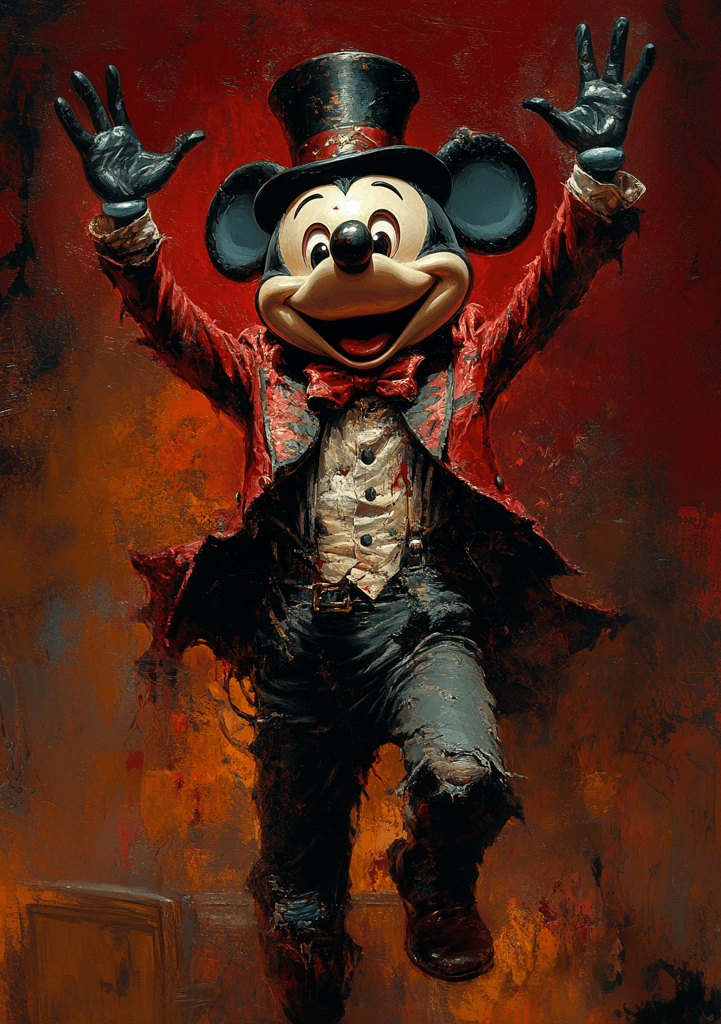 AI generated: A Mickey Mouse in dungeons and dragons art, evil laughing maniac with top hat dressed as ringmaster ...