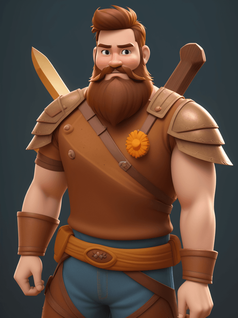 AI generated: cartoon 3D sunny bright Pixar-style image : 35 years old: handsome man , warrior man, light brown be...