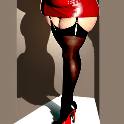 AI generated: Very very large plump curvaceous lady in very short leather mini skirt high heels and stockings