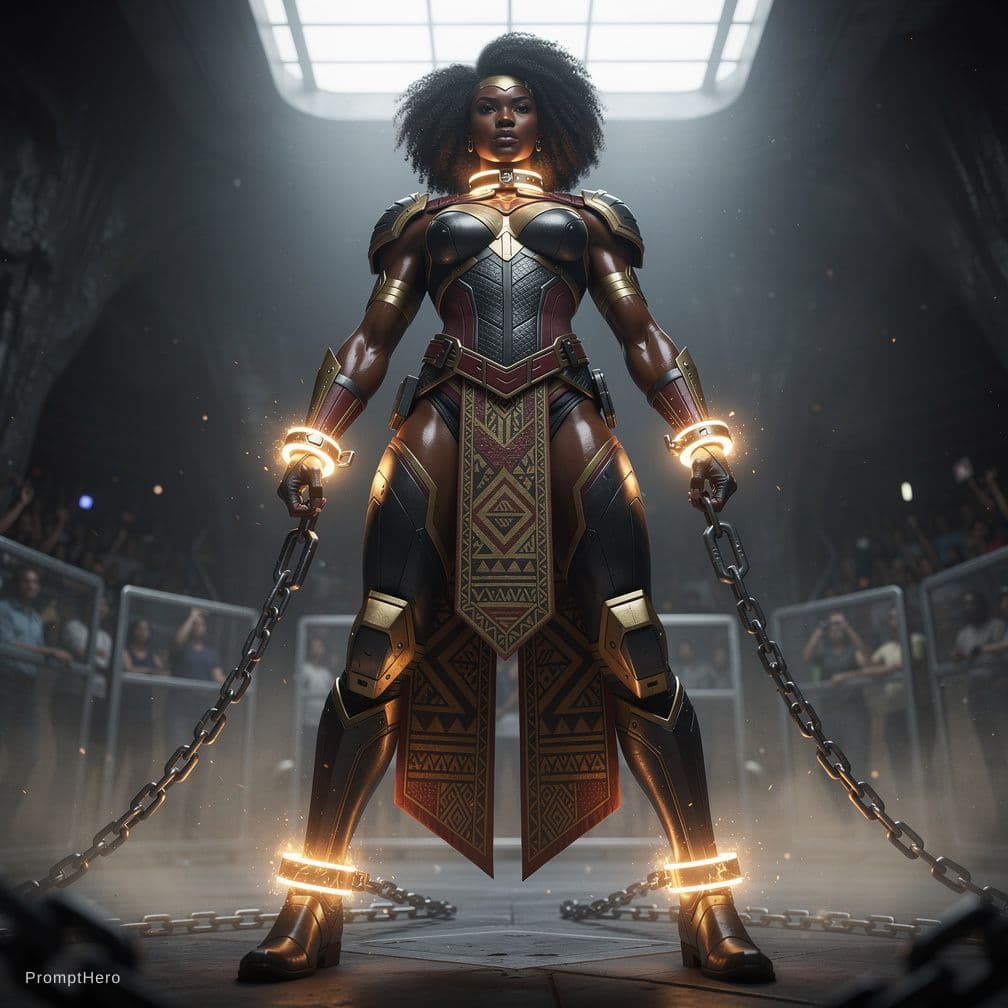 AI generated: Cinematic style. NSFW. Full body image of African superheroine. Very tall. Incredibly muscular. Beau...