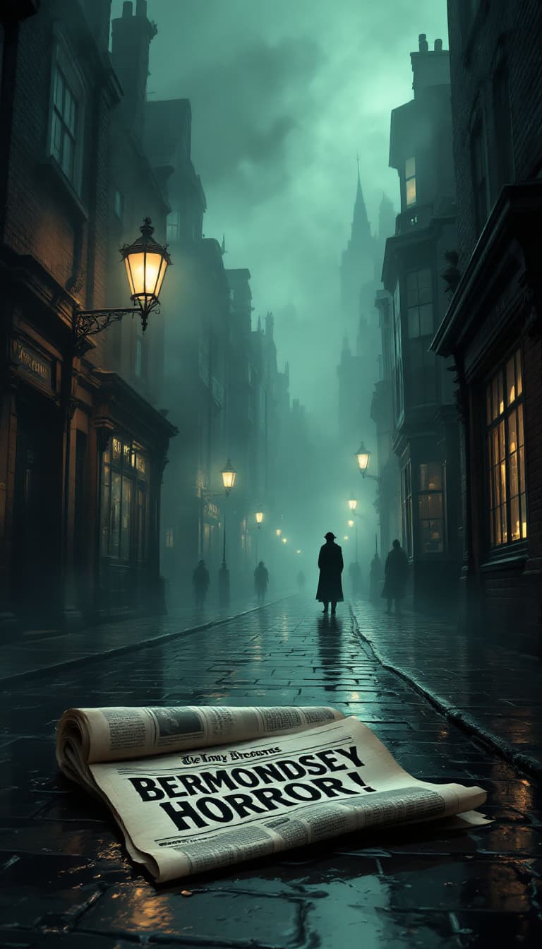 AI generated: A foggy Victorian London street, gas lamps casting dim light through the swirling mist. A crumpled n...