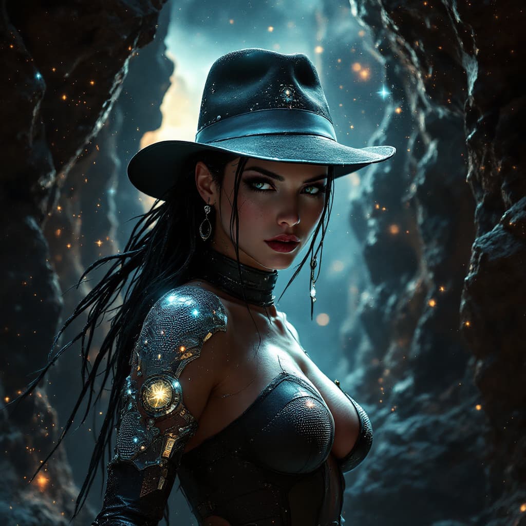 AI generated: galaxy cybergoth Indiana Jones by Vladimir Matyukhin --ar 600:1600 --v 5.1 --style raw