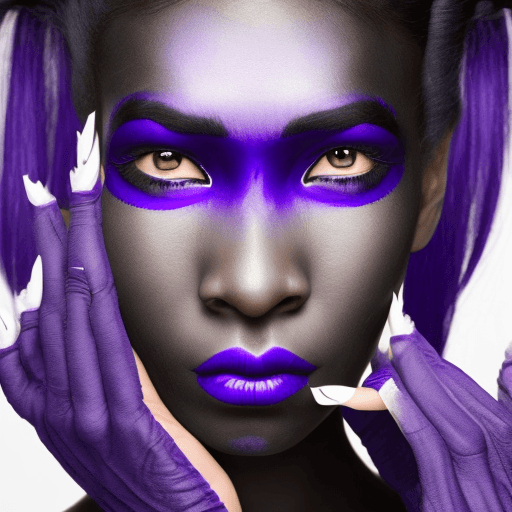AI generated: A woman with blue skin, black facemask, long black hair, purple iris, black eyebrows, dark purple ba...