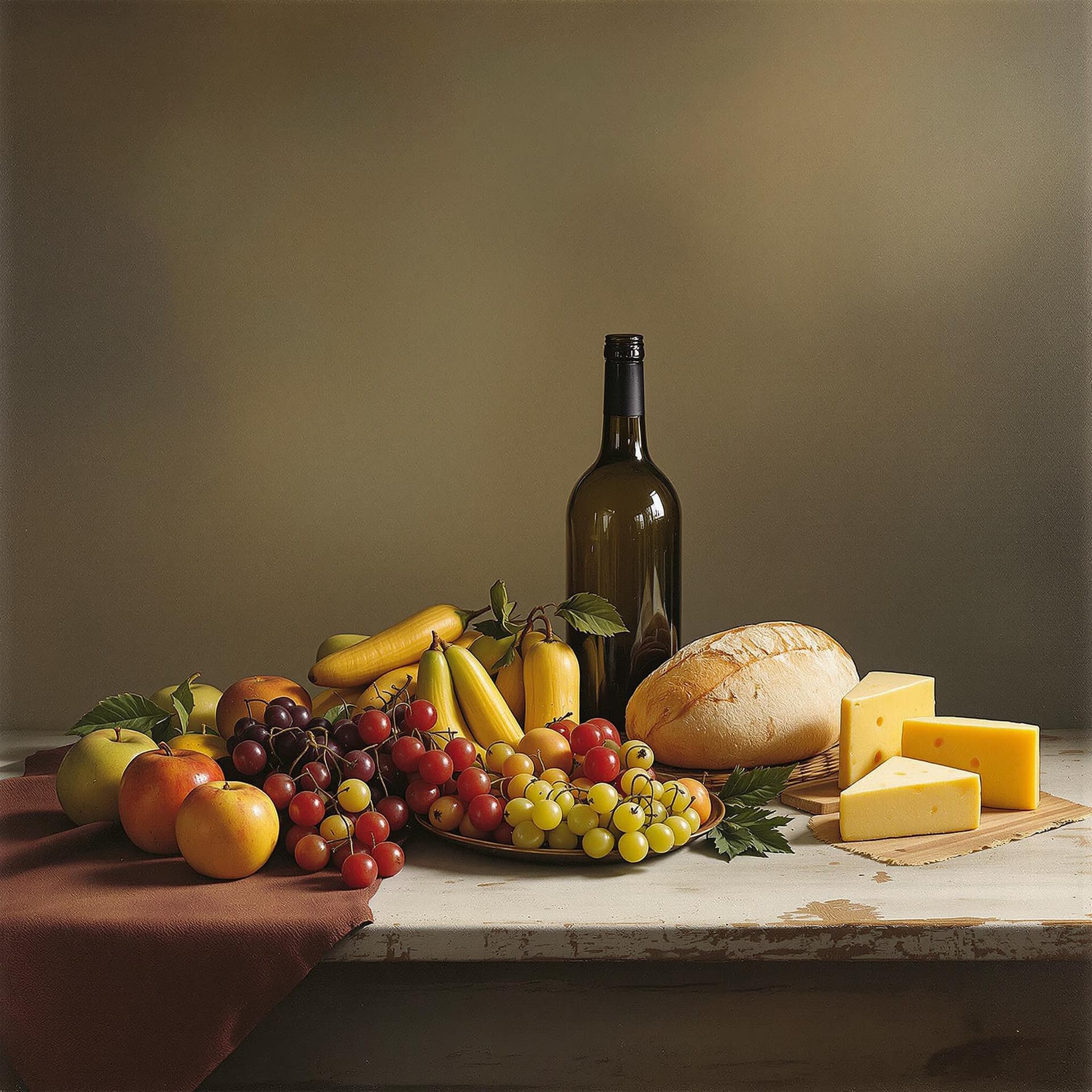 AI generated: A still live some large fruit and bread an empty wine bottle and some cheese on a very old kitchen t...