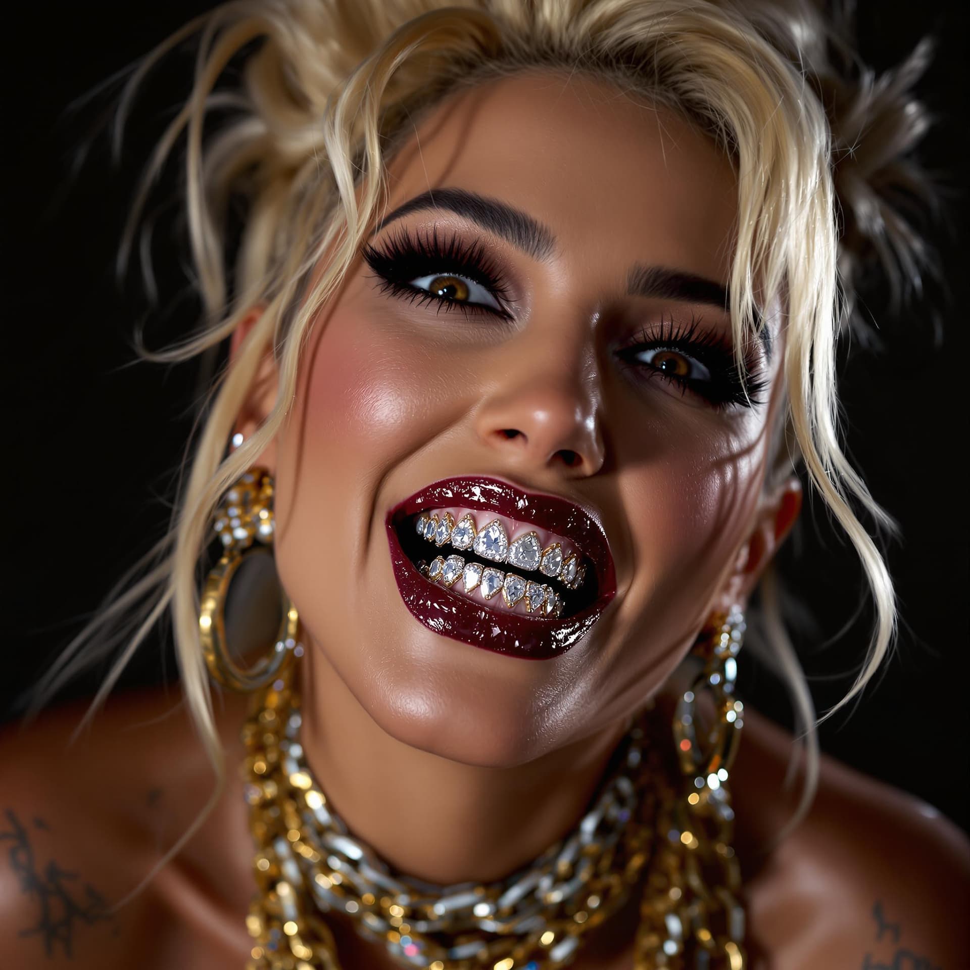 AI generated: hyper-realistic medium portrait of a woman inspired by Madonna with over-the-top urban glam style li...