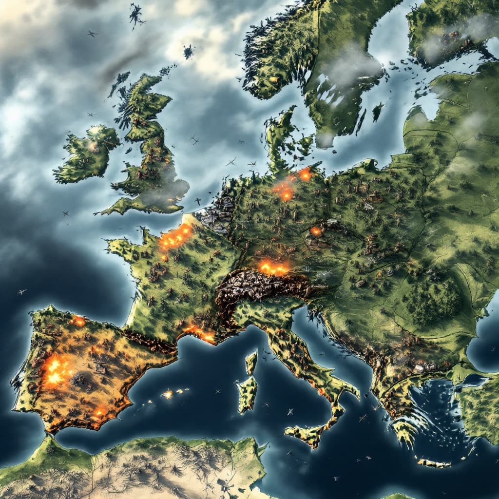 AI generated: ww2 battle strategy map in Europe and more realistic zoomed into france into a battle field
