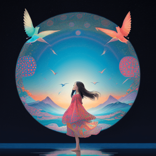 AI generated: masterpiece, concept art, Picture a scene resonating with serenity and imagination. A girl stands in...