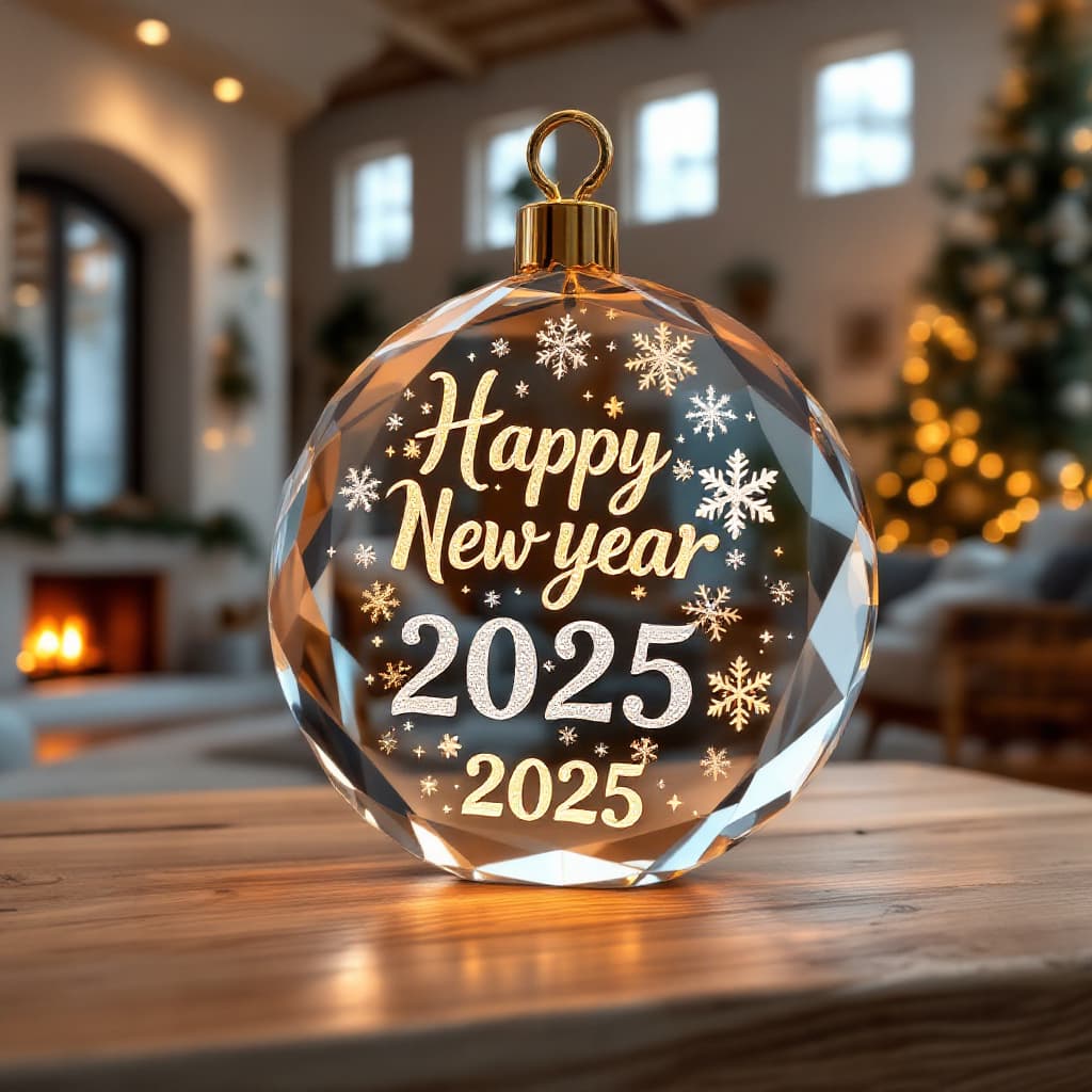AI generated: High rcrystal ornament with beautiful snowflakes and the name  a Happy New year 2025" engraved in go...