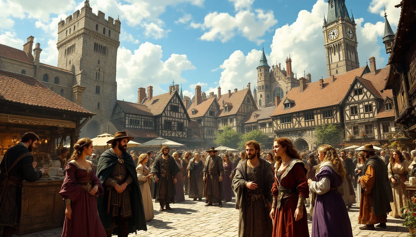 AI generated: a medieval-style digital painting of a bustling marketplace, captured in a wide-angle perspective th...
