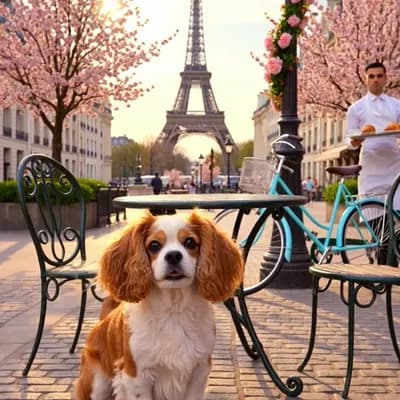 AI generated video: A charming Cavalier King Charles Spaniel sitting on a cobblestone street café terrace in Paris, surr...