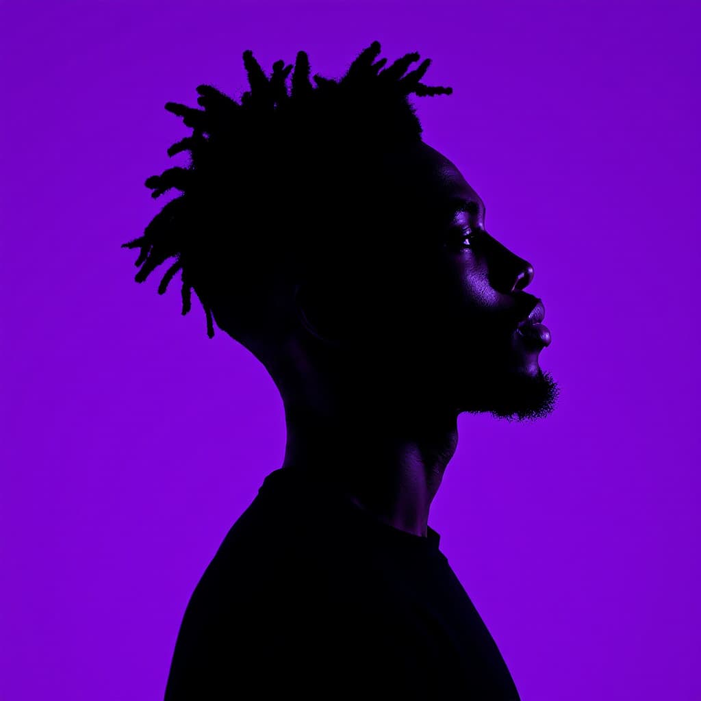 AI generated: photography, portrait of contrast, profile silhouette of a black man, vibrant purple backdrop, visua...