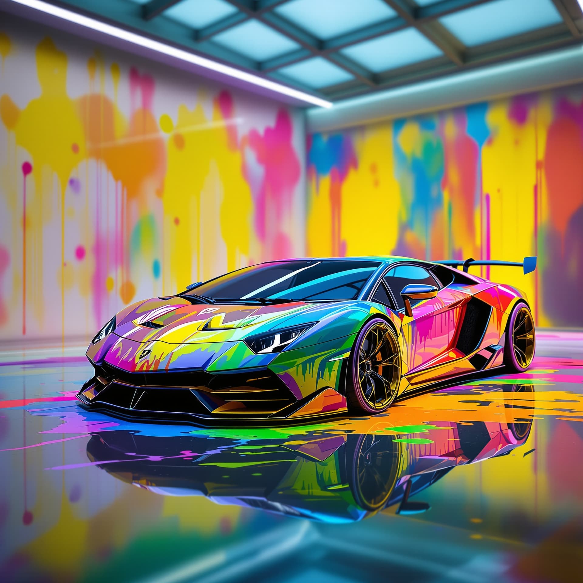 AI generated: a super glossy shiny  hypercar lamborghini with a really big spoiler on the back, the car is spray p...